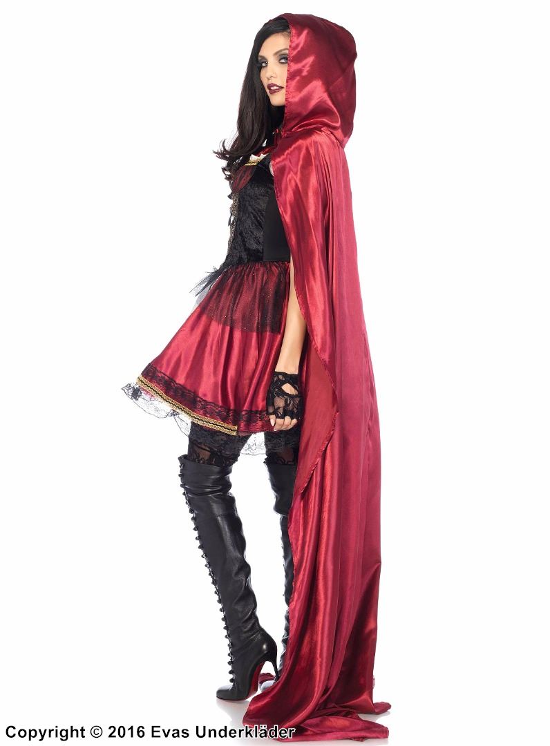 Rödluvan, maskeradklänning med sammet, snörning, förkläde och spetskant